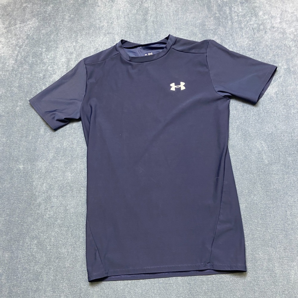 Under Armour HeatGear T Shirt Boys XL Blue Stretch Logo Short Sleeve Loose Fit
